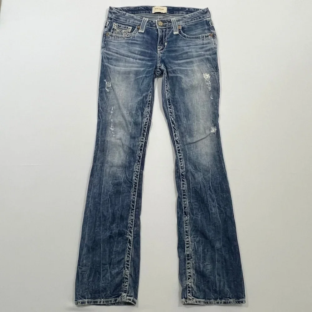 Big Star Liv Bootcut Jeans Distressed Low Rise Blue Denim Womens 27L Fits 29L - Picture 2 of 15